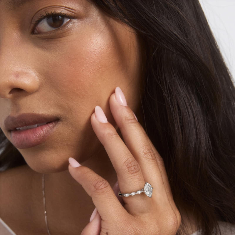 Oval Cut 1 CT Certified Lab-Grown Diamond Shared Prong Marquise Cut Sidestone Engagement Ring