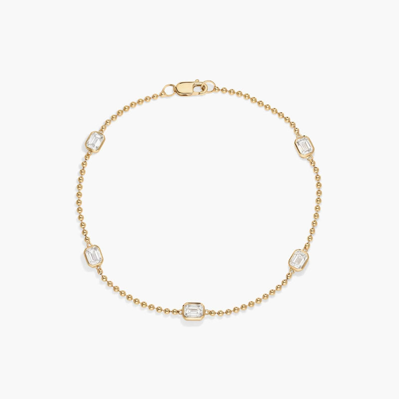 East-West Bezel Beaded Station Bracelet With 1 CTW Emerald Cut Lab-Grown Diamonds in 14K Yellow Gold